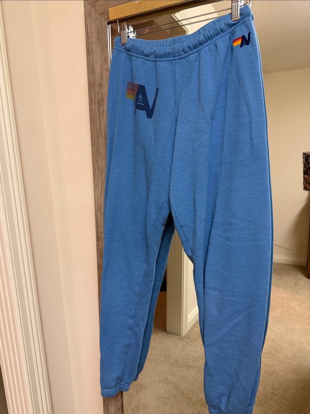 Aviator Nation Light Blue Sweatpants with Rainbow Stripe AV Logo